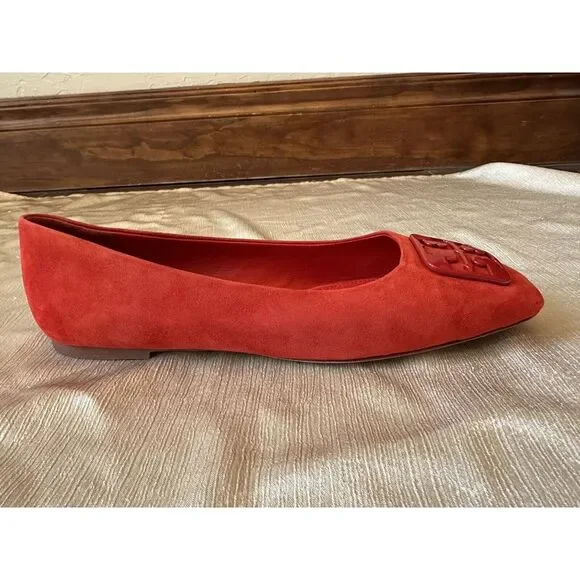 NEW ish Tory Burch Georgia Square Toe Silk Suede Triple Red Ballet Flat Sz 9 Box - Picture 12 of 16